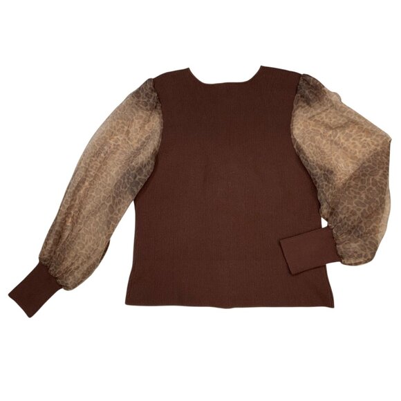 Anthropologie Dolan Puff Sleeve Sweater 1X Plus Brown Motif Animal Print Fall - Picture 2 of 11